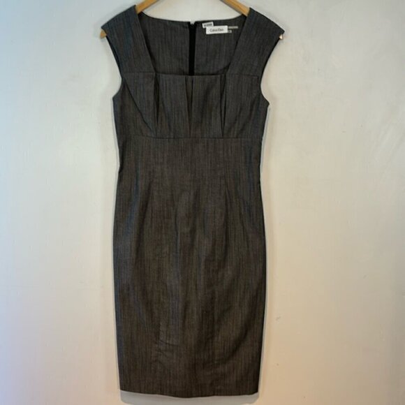 Calvin Klein Womens Sheath Dress Gray Sleeveless Square Neck Zip Pleated Size 2 - Picture 1 of 7